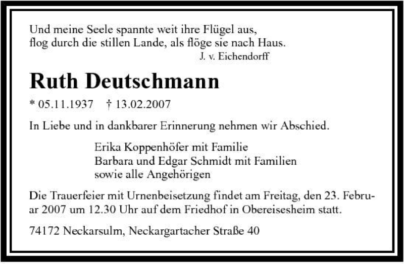  Traueranzeige für Ruth Deutschmann vom 21.02.2007 aus 