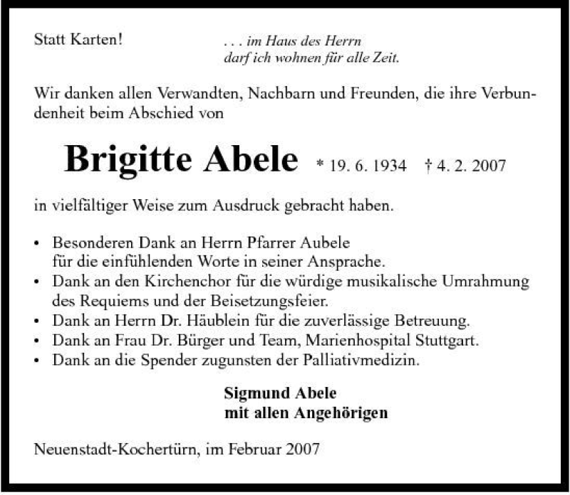 Traueranzeige für Brigitte Abele vom 15.02.2007 aus 