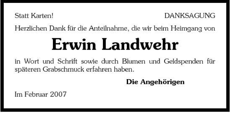  Traueranzeige für Erwin Landwehr vom 17.02.2007 aus 