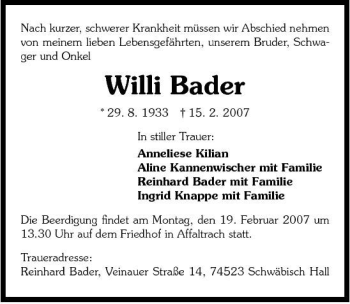 Traueranzeige von Willi Bader 