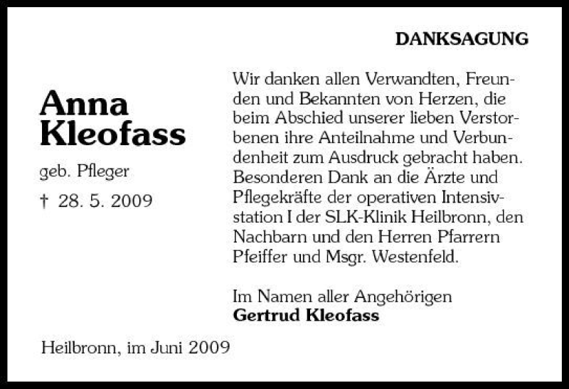 Traueranzeige für Klofass Anna vom 20.06.2009 aus 