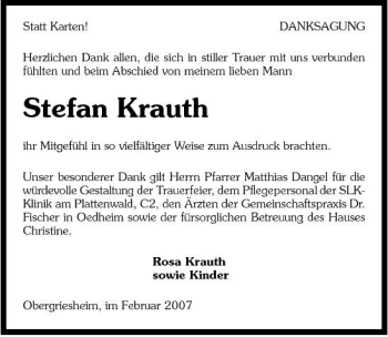 Traueranzeige von Stefan Krauth 