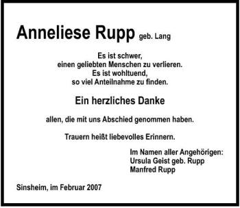 Traueranzeige von Anneliese Rupp 