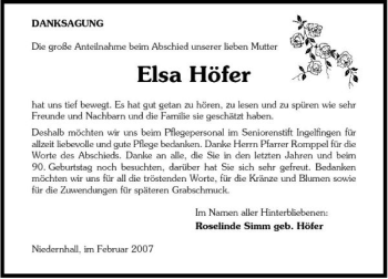 Traueranzeige von Elsa Höfer 