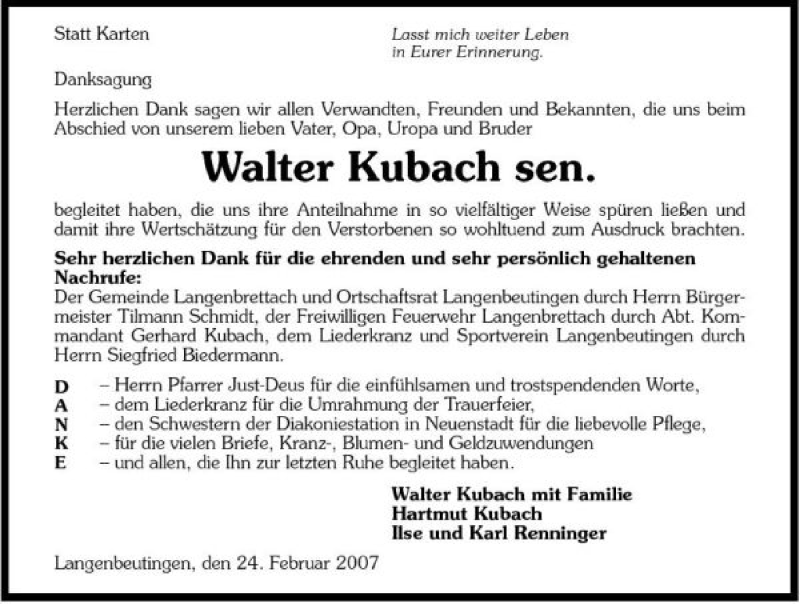  Traueranzeige für Walter Kubach vom 24.02.2007 aus 