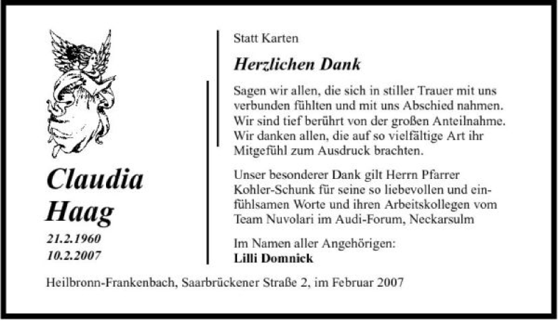  Traueranzeige für Claudia Haag vom 24.02.2007 aus 