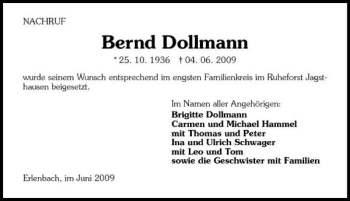 Traueranzeige von Bernd Dollmann 