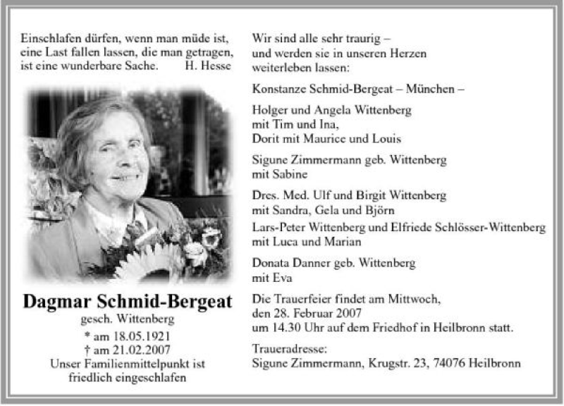  Traueranzeige für Schmid-Bergeat Dagmar vom 24.02.2007 aus 