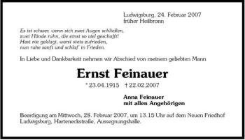 Traueranzeige von Ernst Feinauer 