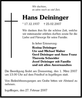 Traueranzeige von Hans Deininger 