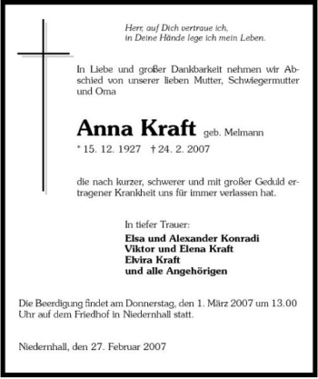 Traueranzeige von Anna Kraft 