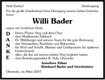 Traueranzeige von Willi Bader 