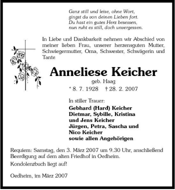 Traueranzeige von Anneliese Keicher 