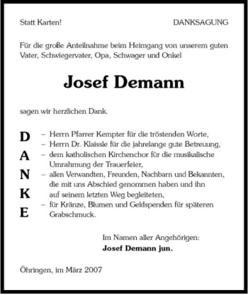 Traueranzeige von Josef Demann 