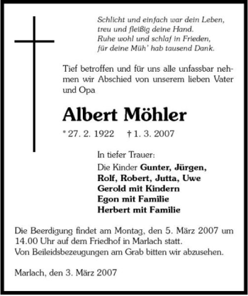 Traueranzeige von Albert Möhler 