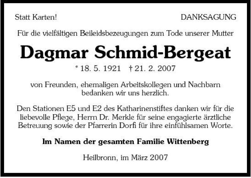  Traueranzeige für Dagmar Schmid-Bergeat vom 03.03.2007 aus 