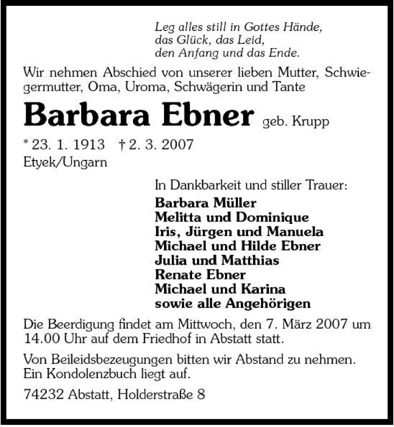  Traueranzeige für Barbara Ebner vom 05.03.2007 aus 