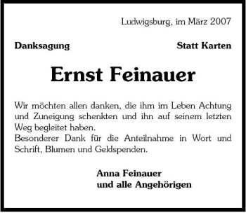Traueranzeige von Ernst Feinauer 