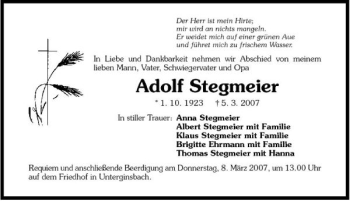 Traueranzeige von Adolf Stegmeier 