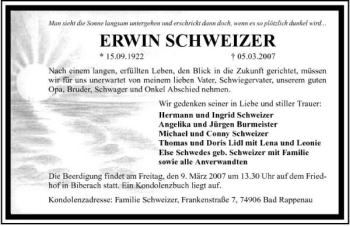 Traueranzeige von Schweizer Schweizer 