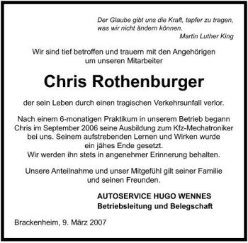 Traueranzeige von Chris Rothenburger 