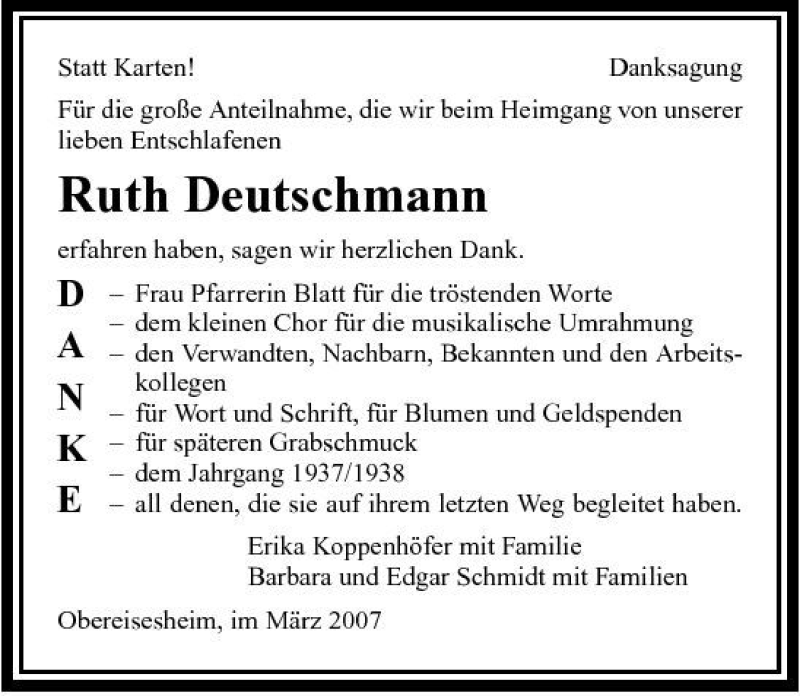  Traueranzeige für Ruth Deutschmann vom 10.03.2007 aus 