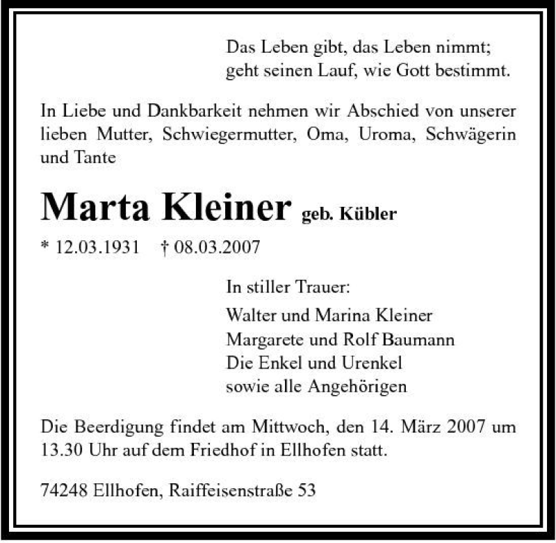  Traueranzeige für Marta Kleiner vom 10.03.2007 aus 