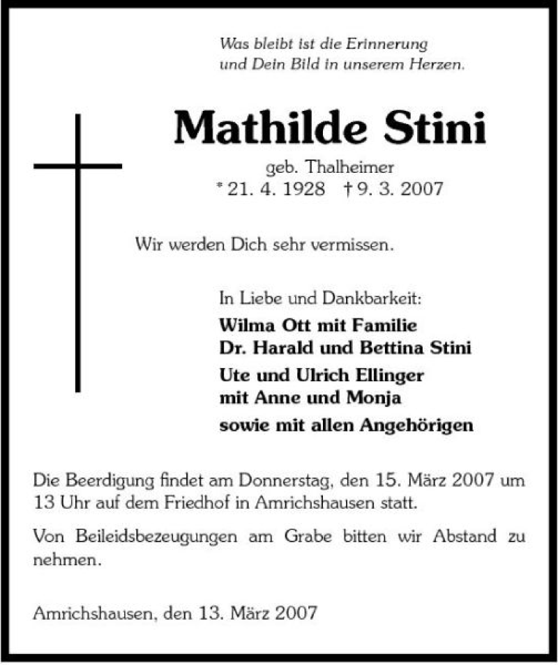  Traueranzeige für Mathilde Stini vom 13.03.2007 aus 