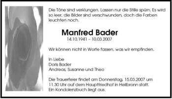 Traueranzeige von Manfred Bader 