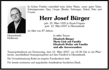 Traueranzeige von Josef Bürger 