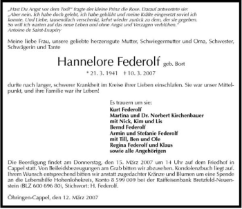 Traueranzeige von Hannelore Federolf 