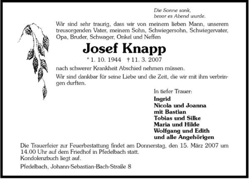 Traueranzeige für Josef Knapp vom 13.03.2007 aus 