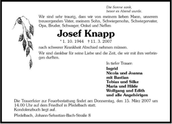 Traueranzeige von Josef Knapp 