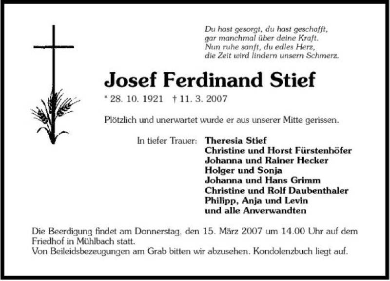  Traueranzeige für Josef Stief vom 14.03.2007 aus 