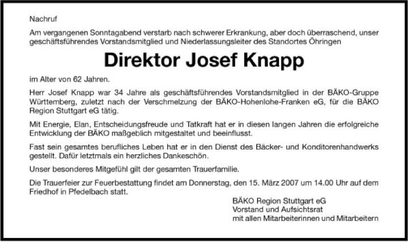  Traueranzeige für Josef Knapp vom 14.03.2007 aus 