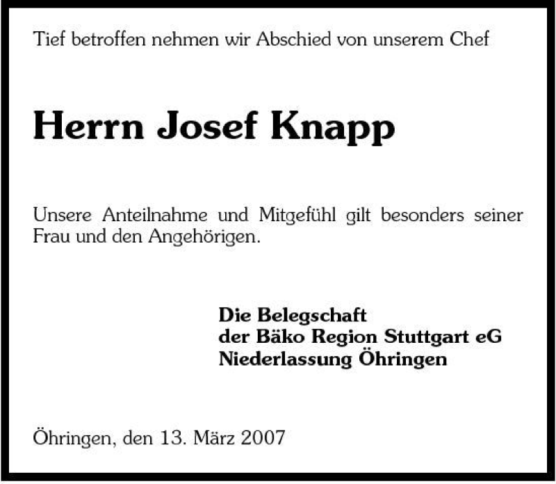  Traueranzeige für Josef Knapp vom 14.03.2007 aus 