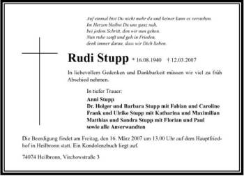 Traueranzeige von Rudi Stupp 