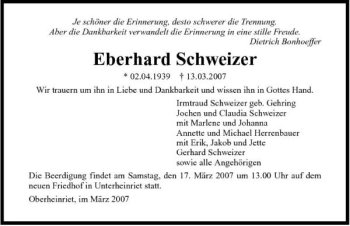 Traueranzeige von Eberhard Schweizer 