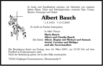 Traueranzeige von Albert Bauch 