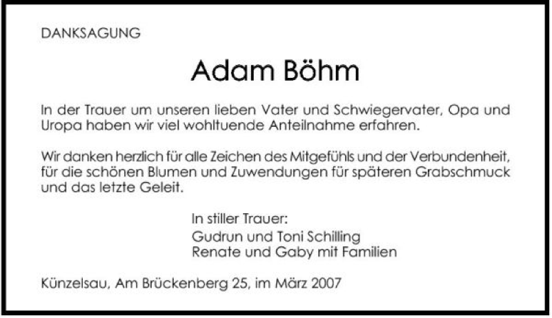  Traueranzeige für Adam Böhm vom 17.03.2007 aus 