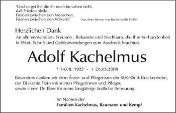 Traueranzeige von Adolf Kachelmus 