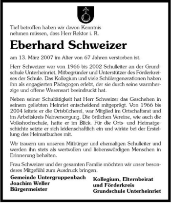 Traueranzeige von Eberhard Schweizer 