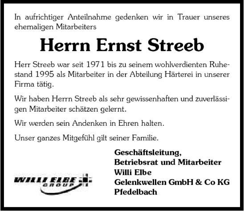  Traueranzeige für Ernst Streeb vom 16.03.2007 aus 