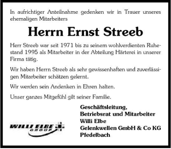 Traueranzeige von Ernst Streeb 