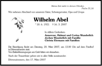 Traueranzeige von Wilhelm Abel 
