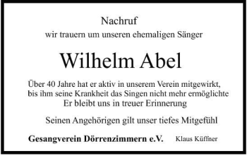 Traueranzeige von Wilhelm Abel 