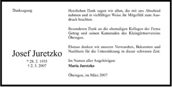 Traueranzeige von Josef Juretzko 