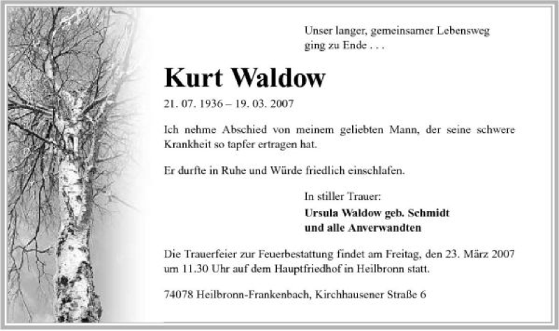  Traueranzeige für Kurt Waldow vom 20.03.2007 aus 