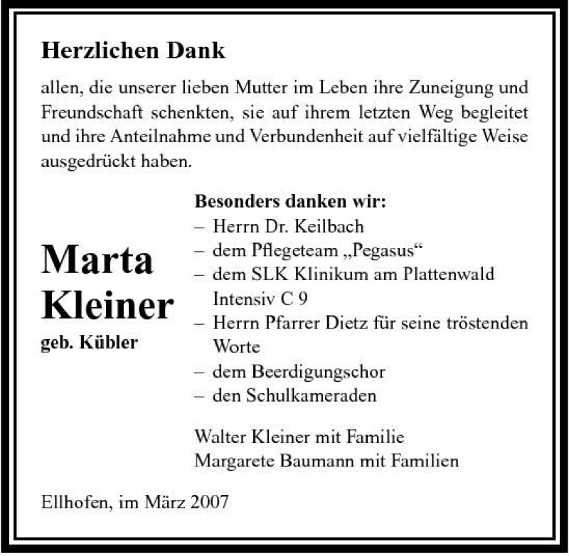  Traueranzeige für Marta Kleiner vom 24.03.2007 aus 