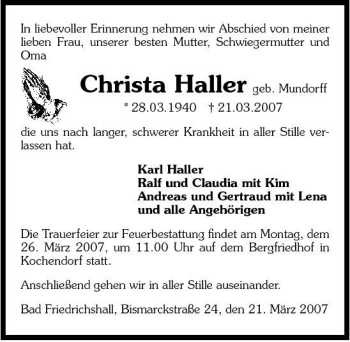 Traueranzeige von Christa Haller 